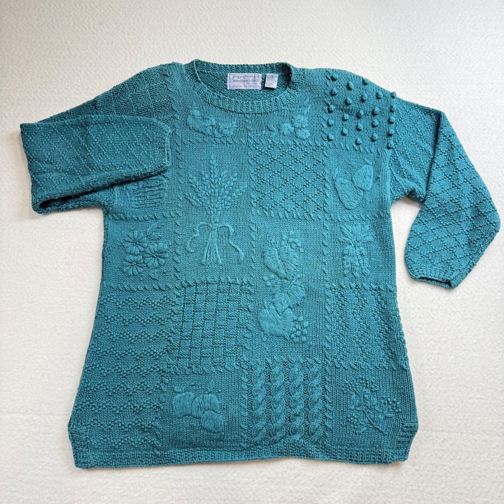Signatures by Northern Isles Hand Knit Patchwork Floral Teal Sweater Vintage M